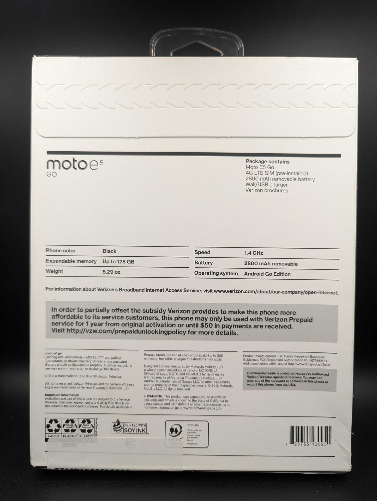 Motorola E5 Go XT1921 Verizon Locked 16GB Black - New Sealed