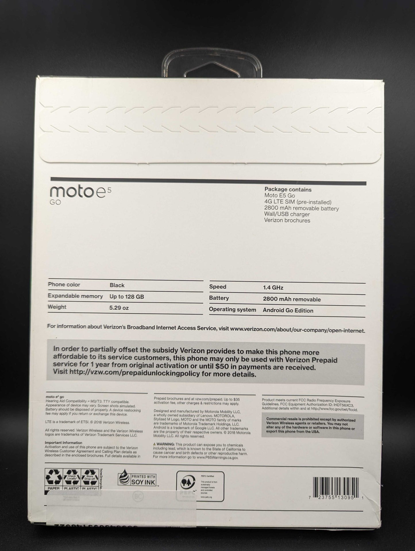 Motorola E5 Go XT1921 Verizon Locked 16GB Black - New Sealed